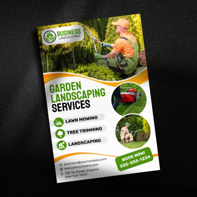 Orange & green Garden Landscaping Lawncare Mowing Flyer (Creator Uploaded)