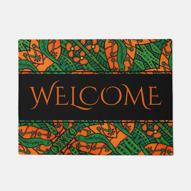 Orange Green Gecko Lizard Pattern Welcome Doormat (Front)