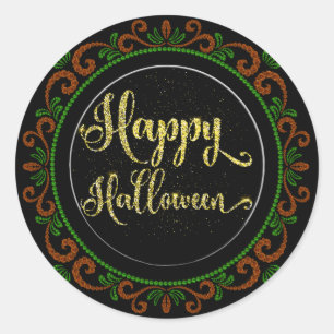 Orange Green Gold Glitter On Black Happy Halloween Classic Round Sticker