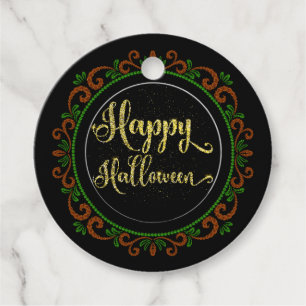 Orange Green Gold Glitter On Black Happy Halloween Favour Tags