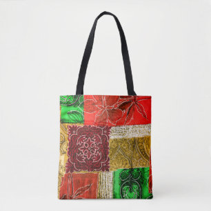 Orange Green Gold Patchwork Vintage Fabric Texture Tote Bag