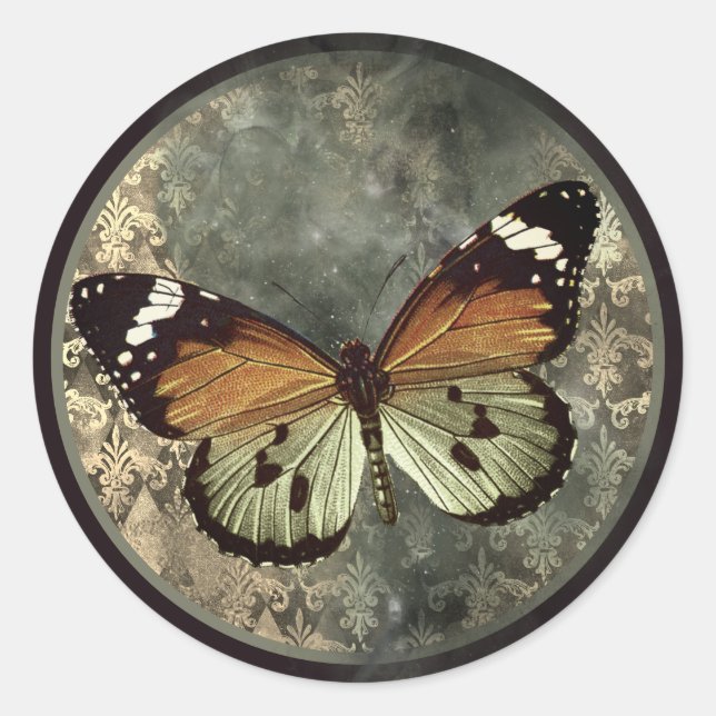 Orange & Green Gothic Butterfly  Classic Round Sticker (Front)