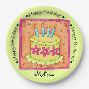 Orange Green Happy Birthday Cake Name Personalised Paper Plate