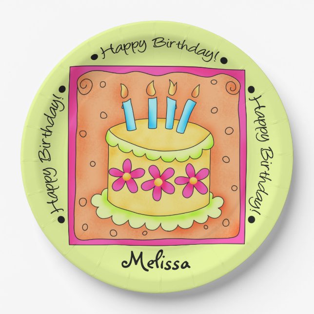 Orange Green Happy Birthday Cake Name Personalised Paper Plate (Front)