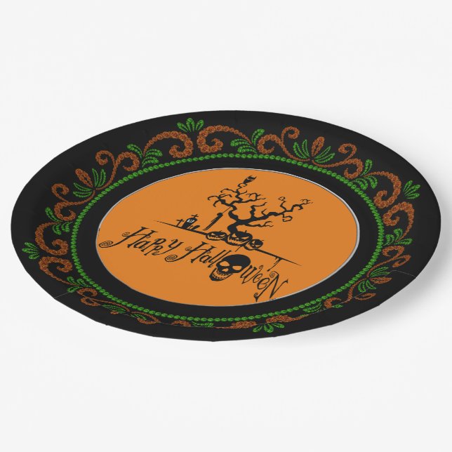 Orange Green Happy Halloween Grave Yard Paper Plate (Angled)