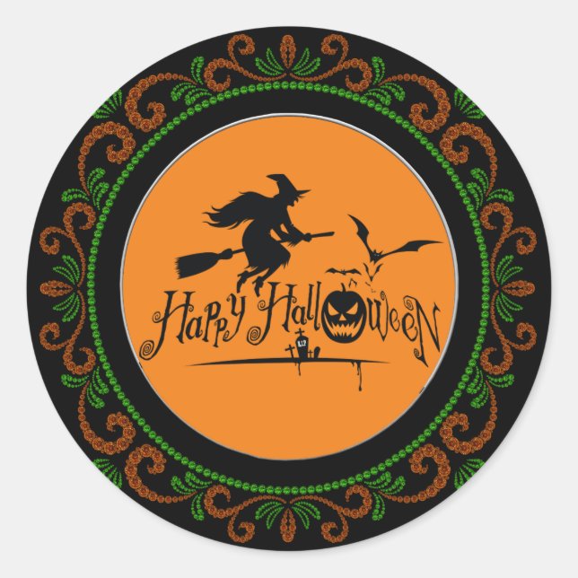 Orange Green Happy Halloween Witch And Bats Classic Round Sticker (Front)