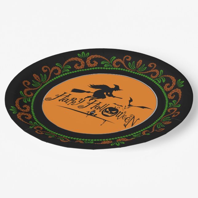 Orange Green Happy Halloween Witch And Bats Paper Plate (Angled)