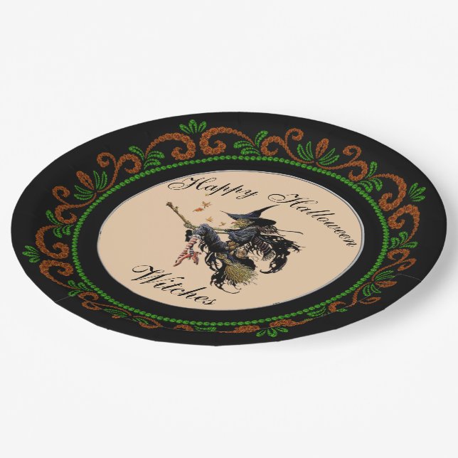 Orange Green Happy Halloween Witches Broom Paper Plate (Angled)