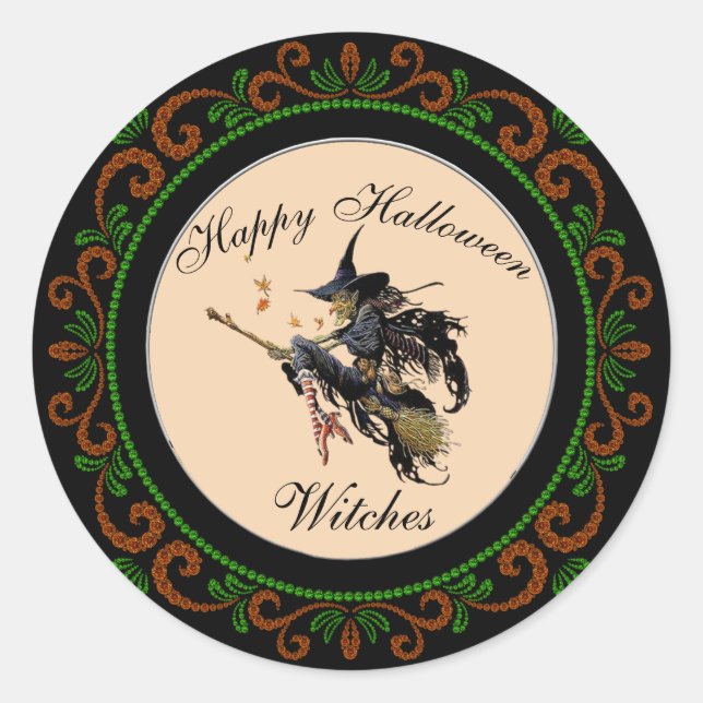 Orange Green Happy Halloween Witches Classic Round Sticker (Front)