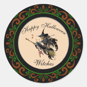 Orange Green Happy Halloween Witches Classic Round Sticker