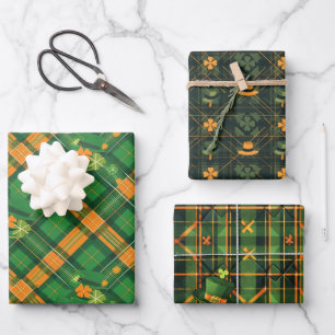 Orange Green Hat St. Patrick Tartan Plaid set 7 Wrapping Paper Sheet