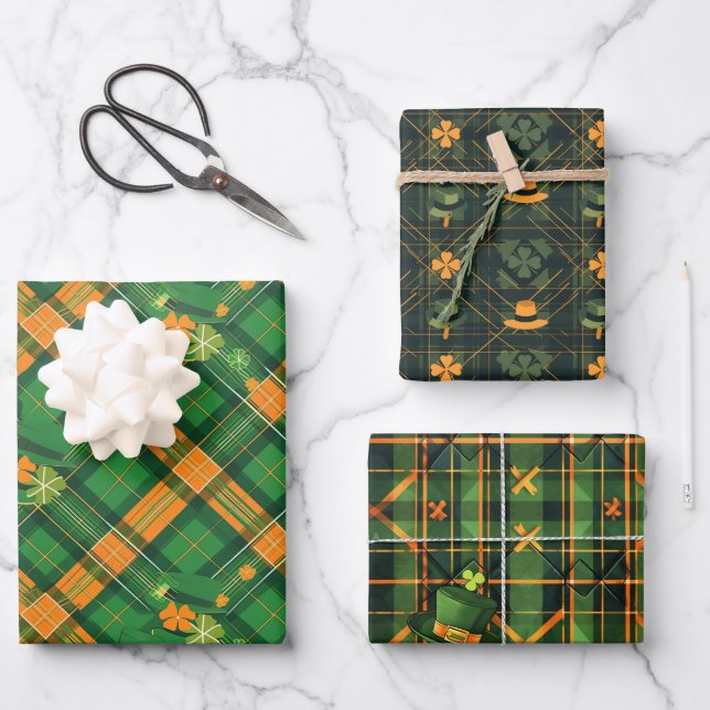 Orange Green Hat St. Patrick Tartan Plaid set 7 Wrapping Paper Sheet (Front)