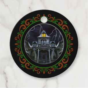 Orange Green Haunted House Halloween Favour Tags