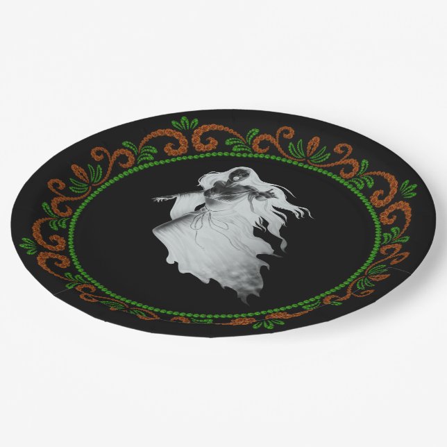 Orange Green Lady In White Ghost Halloween Paper Plate (Angled)