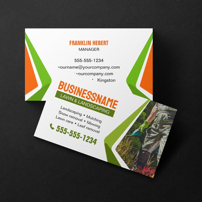 Orange & Green Landscaping Mowing Lawn Maintenance Business Card (Creator Uploaded)
