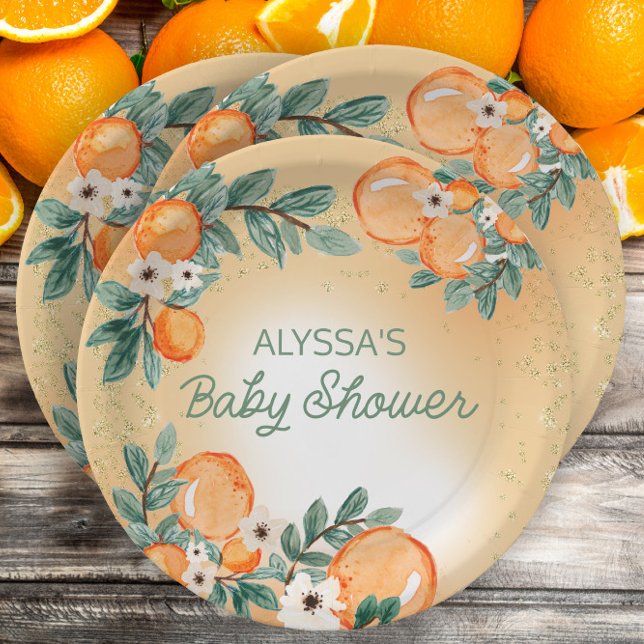 Orange Green Leaves Citrus Baby Shower Paper Plate (Little Sweetie Baby Shower custom paper plates)