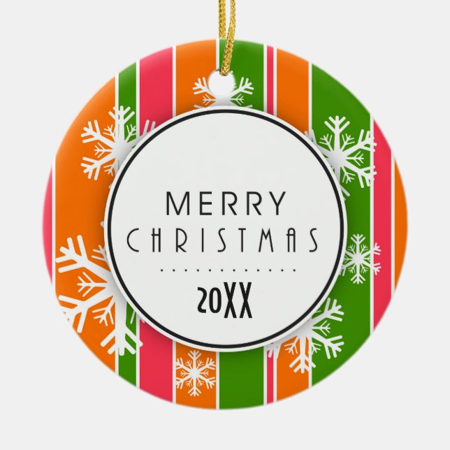 Orange & Green Merry Christmas Dated Photo Ceramic Tree Decoration (Front)