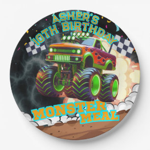 Orange Green Monster Truck Boys Monster Jam Party Paper Plate