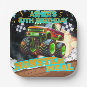 Orange Green Monster Truck Off Road Birthday Squar Paper Plate