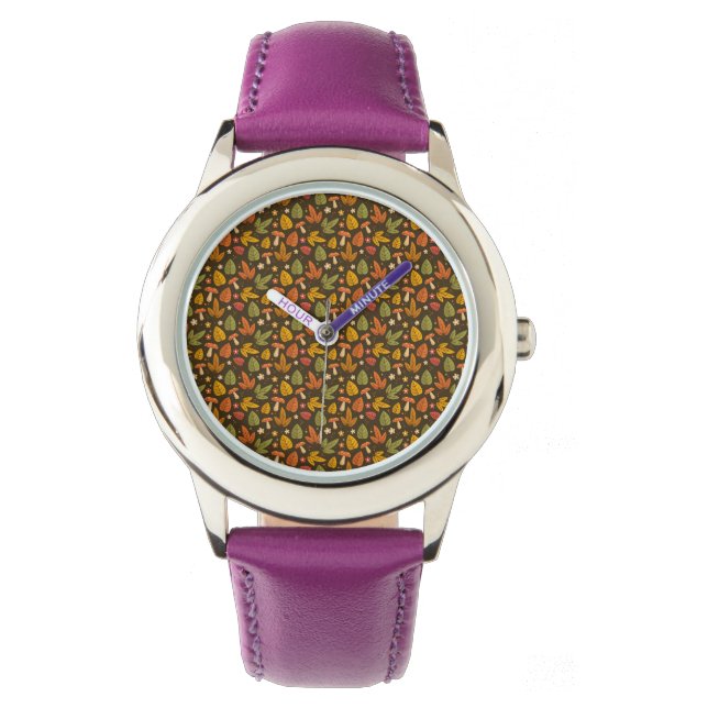 Orange Green Mushroom Leaf Pattern Watch (Front)