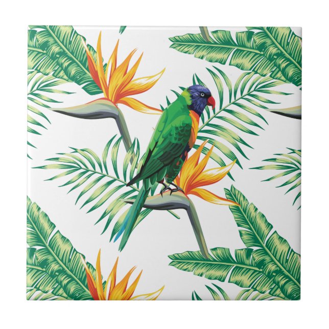 Orange Green Parrot And Flowers Tile (Front)
