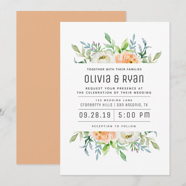 Orange green pastel frame floral invitation (Front/Back)