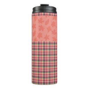 ORANGE GREEN RED PLAID PATTERN WITH LEAVES THERMAL TUMBLER