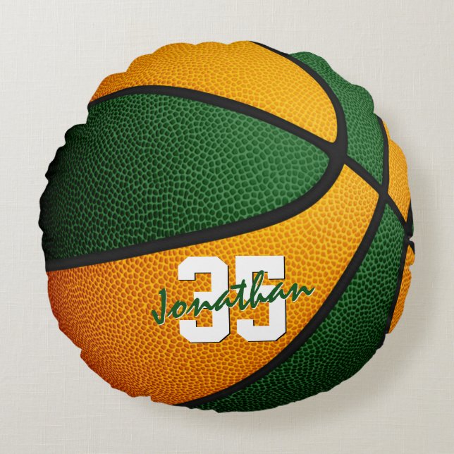orange green school colours boys girls basketball round cushion (Front)