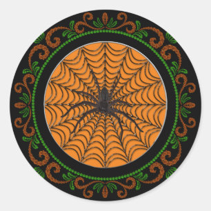 Orange Green Spider Web And Black Spider Halloween Classic Round Sticker