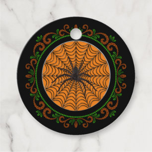 Orange Green Spider Web And Black Spider Halloween Favour Tags