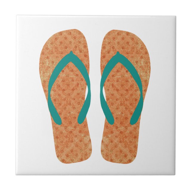 Orange Green Summer Beach Flip Flops Ceramic Tile (Front)