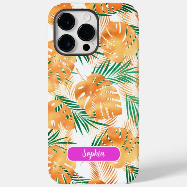 Orange & Green Tropical Leaves, Script Name Case-Mate iPhone Case (Back)