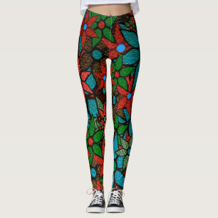 Orange Green Turquoise Floral Leggings