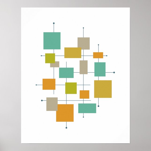 Orange Green Turquoise Squares Lines Mid Century Poster (Front)