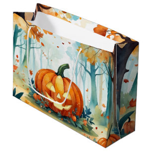 Orange Green Watercolor Autumn Pumpkins Forest Large Gift Bag
