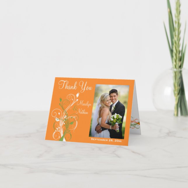 Orange Green White Floral Photo Thank You Card (Front)