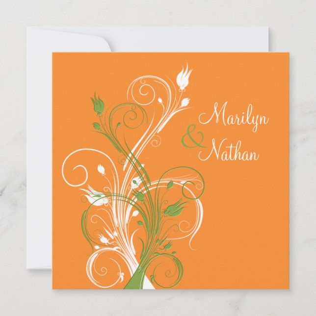 Orange Green White Floral Sq. Wedding Invitation (Front)