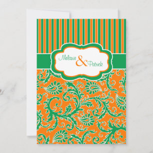 Orange, Green, White Floral Striped Wedding Invite