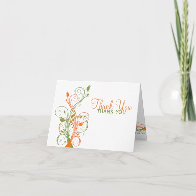 Orange Green White Floral Thank You Card (Front)