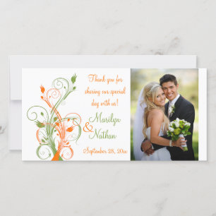 Orange, Green, White Floral Wedding Photo Card