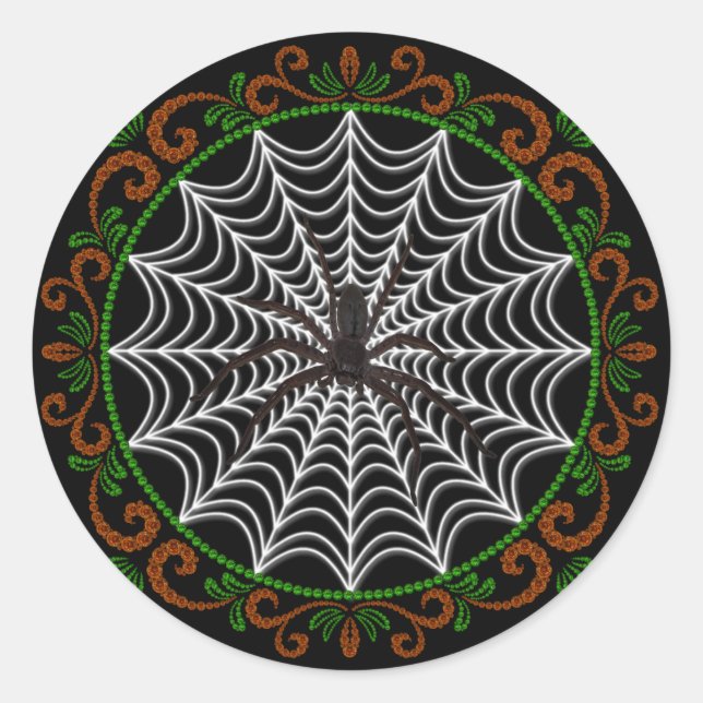 Orange Green White Spider Web And Black Spider Classic Round Sticker (Front)