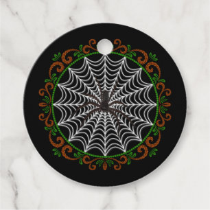 Orange Green White Spider Web And Black Spider Favour Tags
