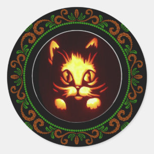 Orange Green Yellow Glowing Halloween Cat Classic Round Sticker