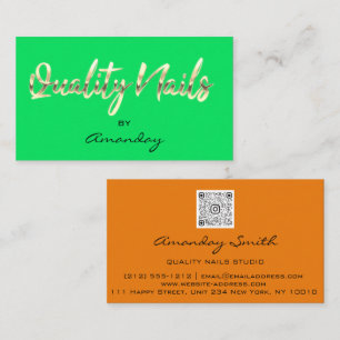 Orange GreenGold Quality Nail Script QRCode Logo   Business Card