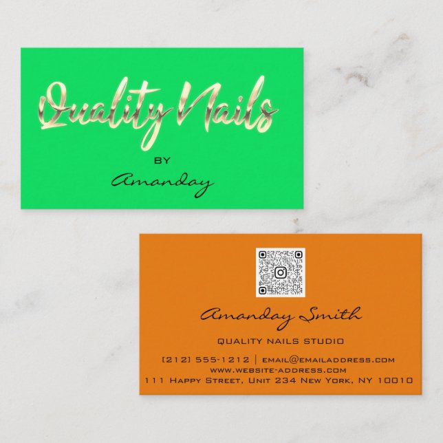 Orange GreenGold Quality Nail Script QRCode Logo   Business Card (Front/Back)
