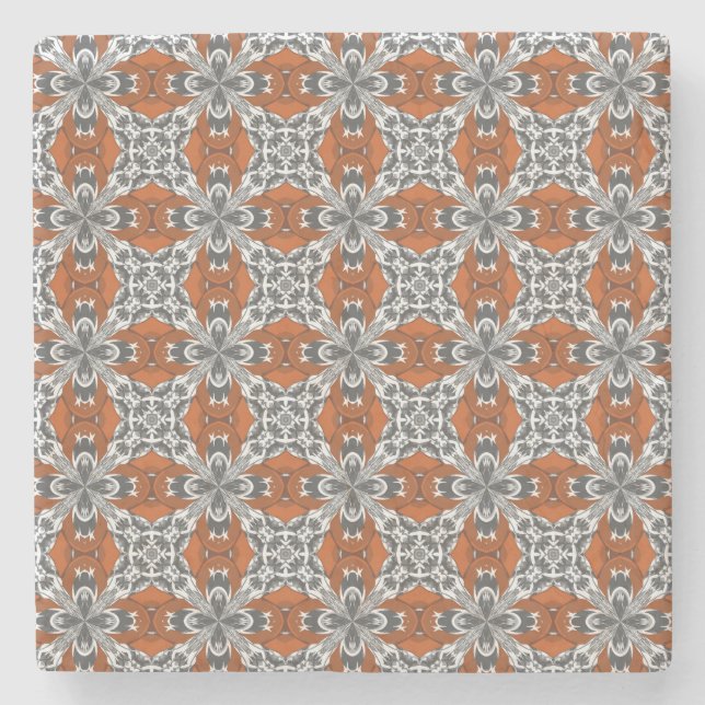 Orange Grey and White Repeat Tile Pattern Stone Coaster (Front)