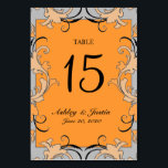 Orange Grey Black Swirls Wedding Table Number Card<br><div class="desc">Orange Grey Black Swirls Wedding Table Number Card with elegant script font. BlissfulWedding © at Zazzle. Personalise with bride and groom names and wedding date. You can change the orange background colour using the edit menu.</div>