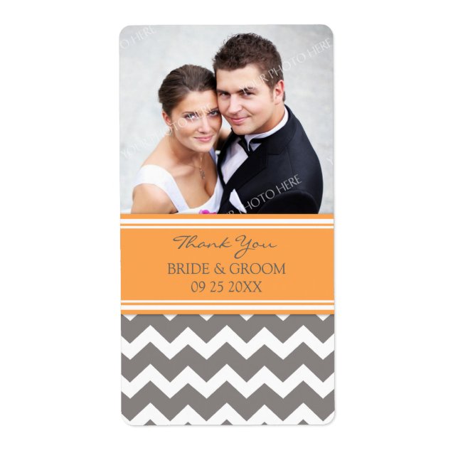 Orange Grey Chevron Photo Wedding Labels (Front)