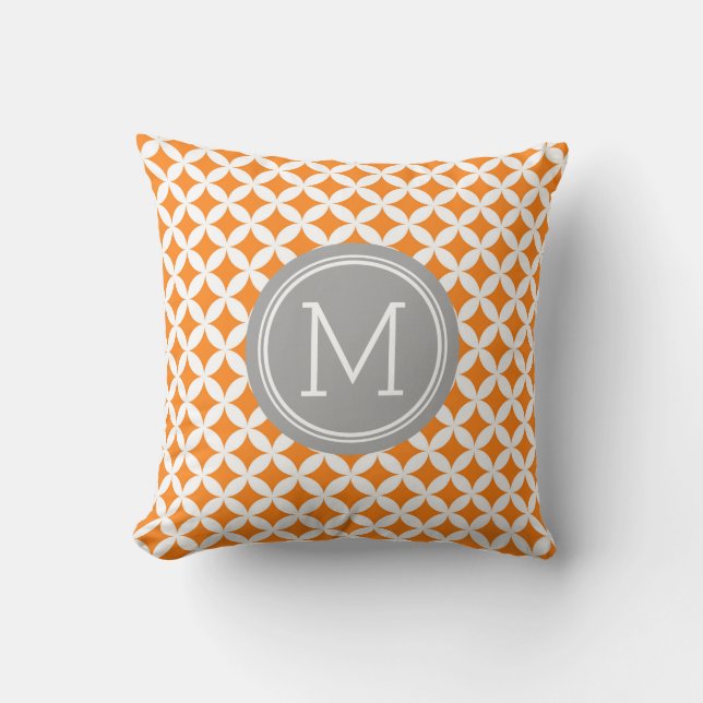 Orange Grey Circles Monogram Decorative Pillow (Front)