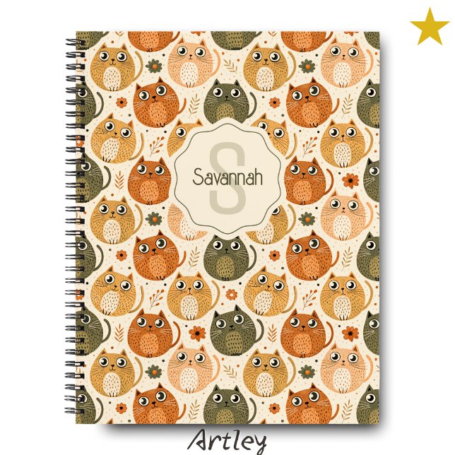 Orange Grey Cute Fat Cats Name Monogram Notebook (Creator Uploaded)